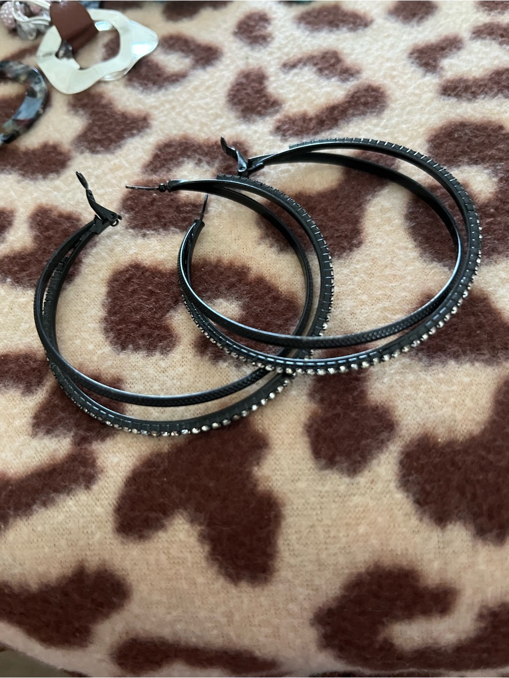 Black Double-Layer Hoop Earrings with Crystal Trim